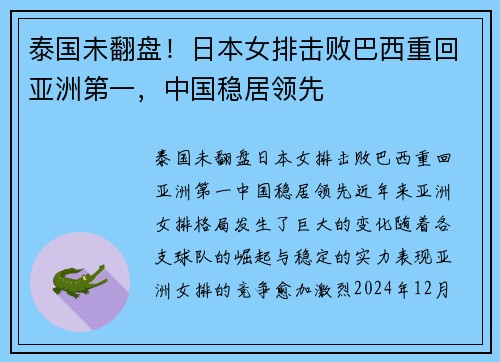 泰国未翻盘！日本女排击败巴西重回亚洲第一，中国稳居领先