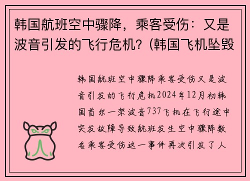 韩国航班空中骤降，乘客受伤：又是波音引发的飞行危机？(韩国飞机坠毁事件)