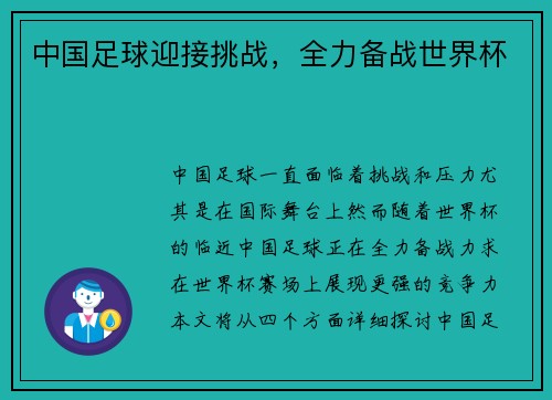 中国足球迎接挑战，全力备战世界杯