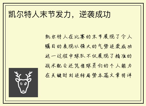 凯尔特人末节发力，逆袭成功