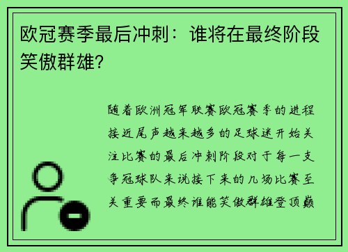 欧冠赛季最后冲刺：谁将在最终阶段笑傲群雄？