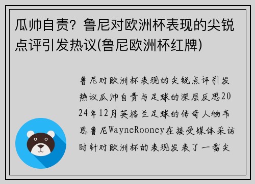 瓜帅自责？鲁尼对欧洲杯表现的尖锐点评引发热议(鲁尼欧洲杯红牌)