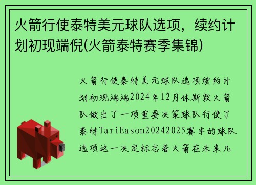 火箭行使泰特美元球队选项，续约计划初现端倪(火箭泰特赛季集锦)