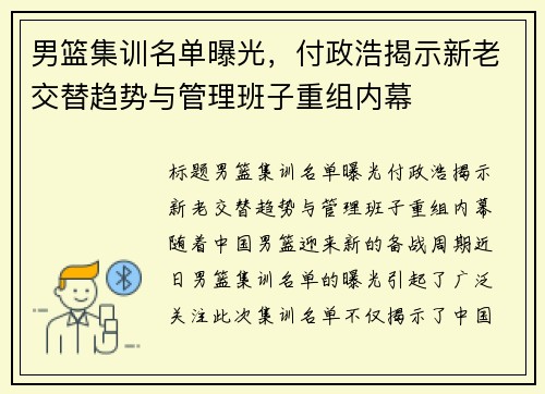 男篮集训名单曝光，付政浩揭示新老交替趋势与管理班子重组内幕