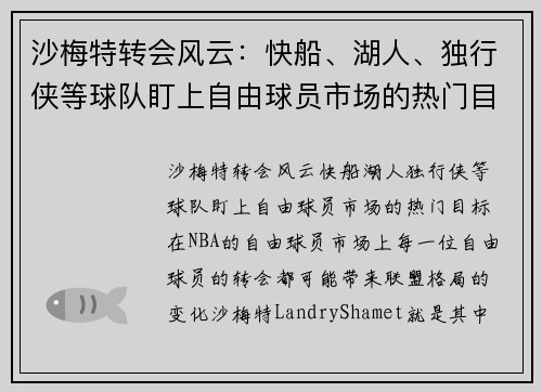 沙梅特转会风云：快船、湖人、独行侠等球队盯上自由球员市场的热门目标