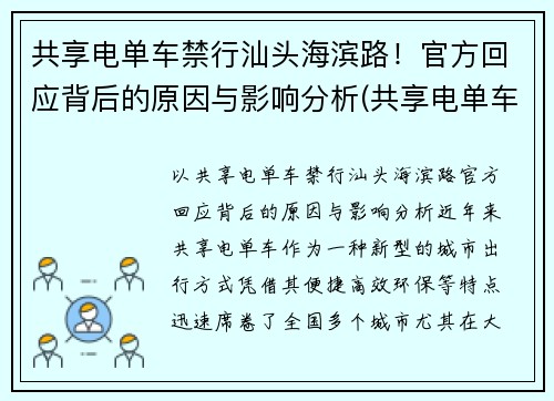 共享电单车禁行汕头海滨路！官方回应背后的原因与影响分析(共享电单车运营方案)