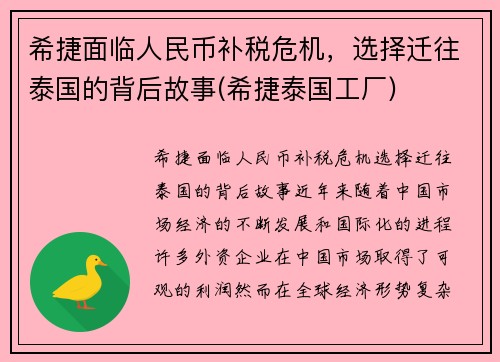 希捷面临人民币补税危机，选择迁往泰国的背后故事(希捷泰国工厂)